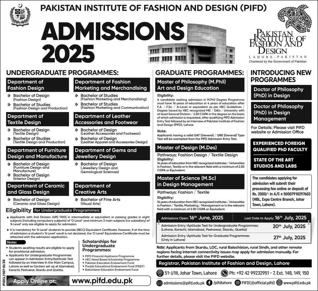 Admissions open in Pakistan institute of fashion and&nbsp;design