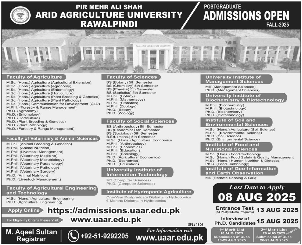 ARID agriculture university admissions&nbsp;open