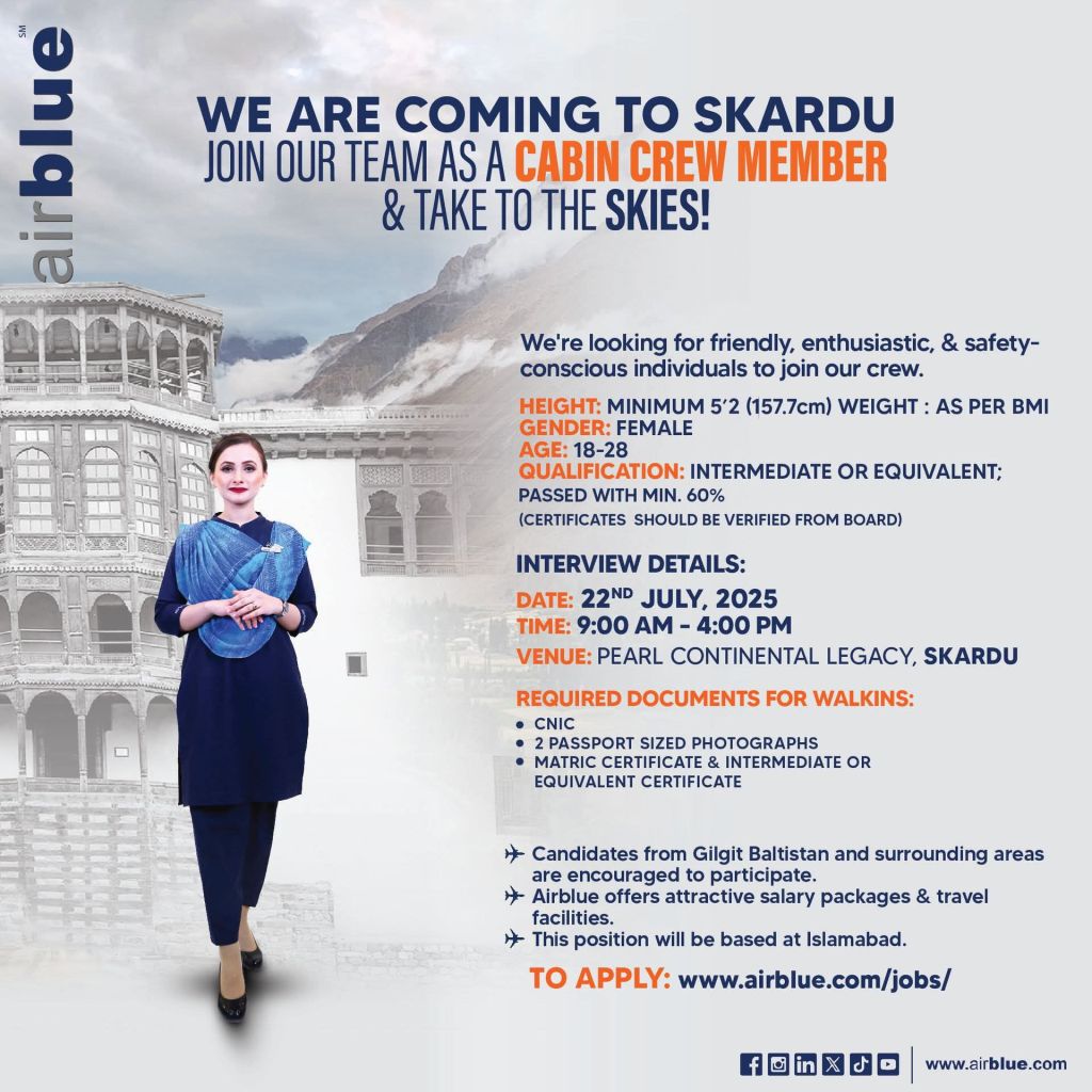 Airblue announced cabin crew member&nbsp;jobs